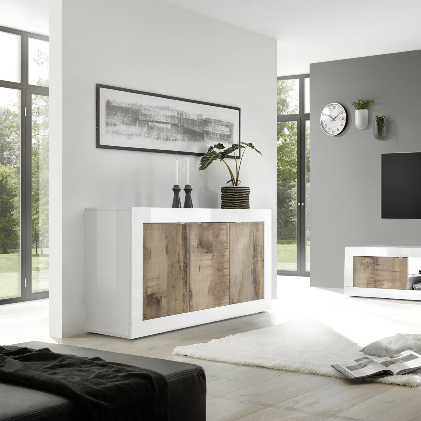 Urbino Three Door Sideboard - Gloss White and Natural Finish