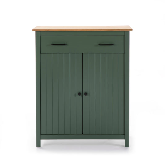 A green wooden storage cabinet with a natural wood top, featuring a single drawer on the upper section with black handles and two paneled doors on the lower section with round black knobs.
