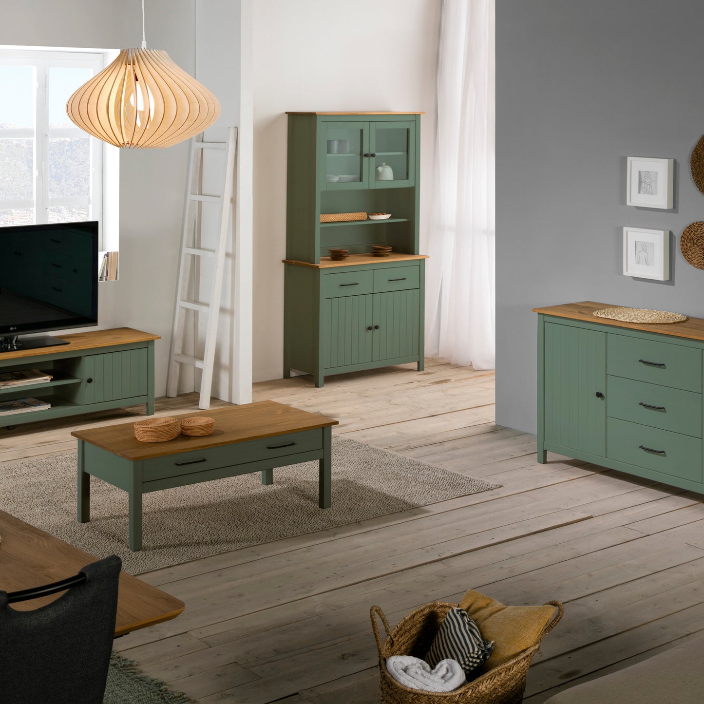 Maria Painted Wood Display Buffet - Matt Green and Waxed Pine
