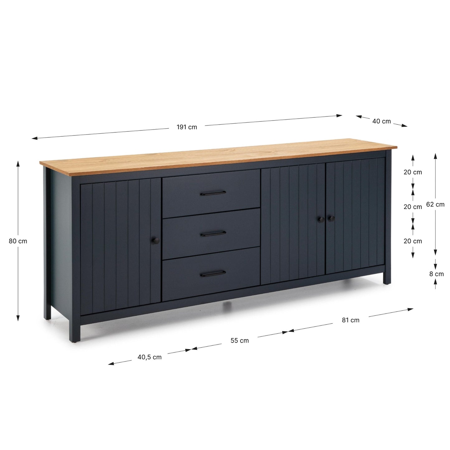 A navy blue sideboard cabinet with a light oak wood top, shown with dimension lines and labels indicating its measurements on a white background.