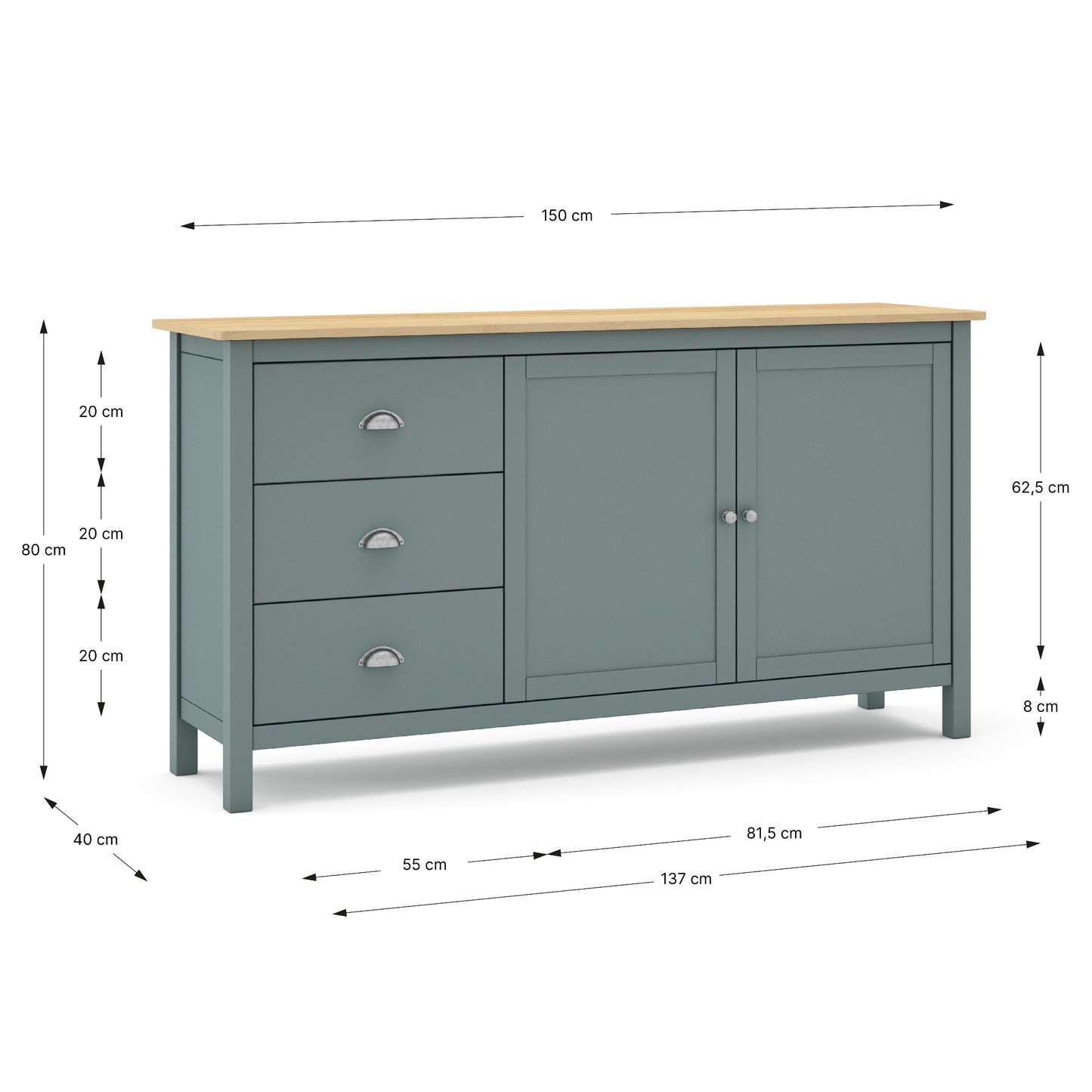 A black metal sideboard cabinet with three sliding doors and two interior shelves, shown against a plain white background.