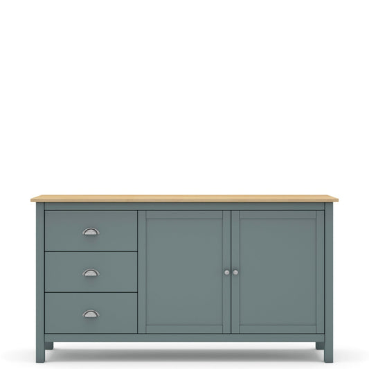 A painted wooden sideboard cabinet with three drawers on the left, two doors on the right, a light natural wood top, and small silver knobs, shown against a plain white background.