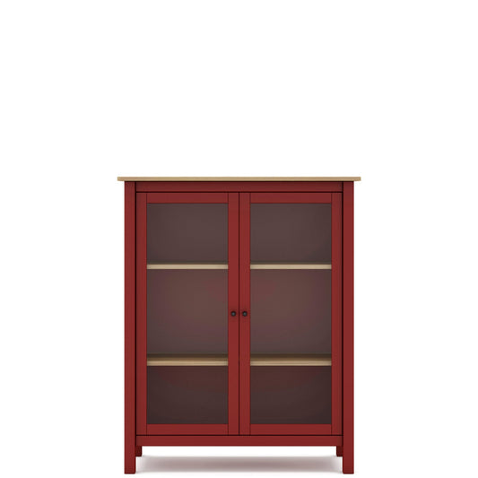 A red wooden cabinet with two glass doors, two interior shelves, and a light natural wood top, shown against a plain white background.