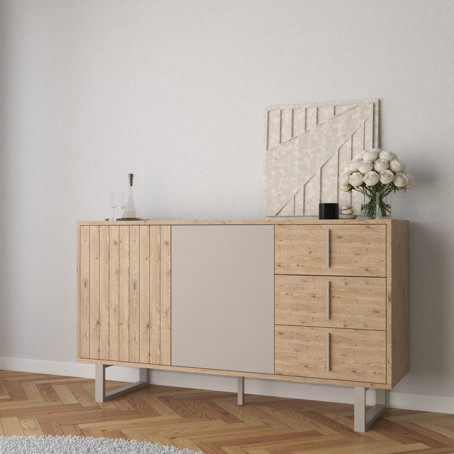 Millay Two Door, Three Drawer Sideboard - Light Oak and Taupe