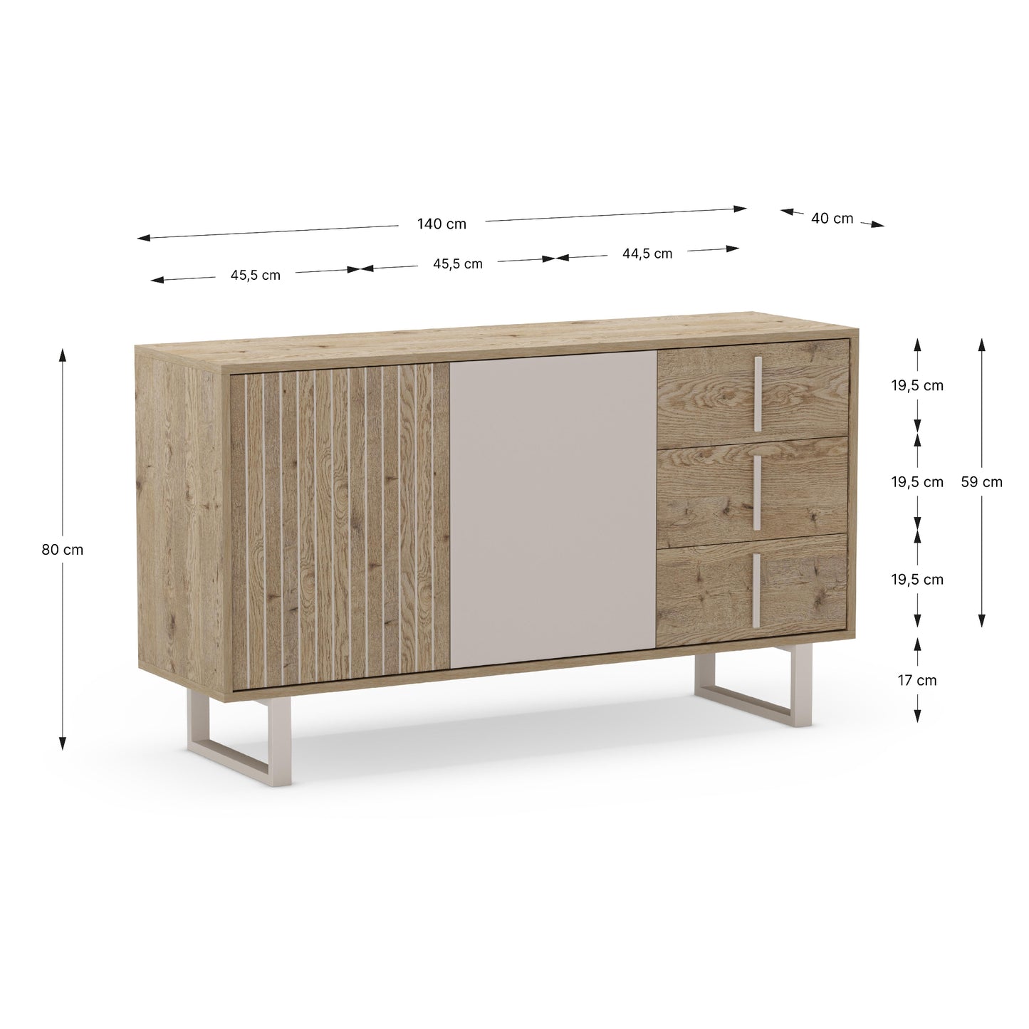Millay Two Door, Three Drawer Sideboard - Light Oak and Taupe