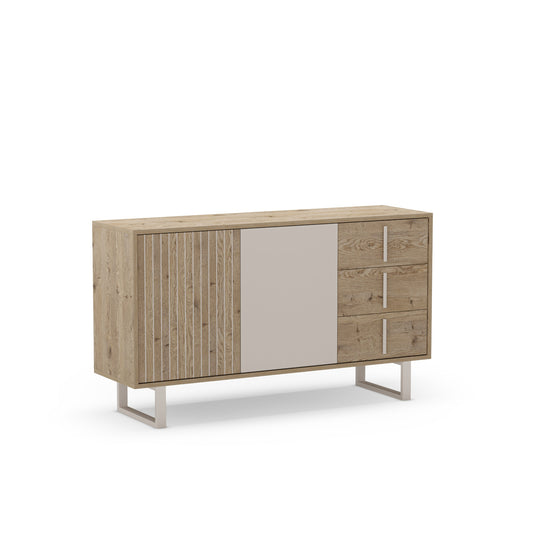 Wooden sideboard with a white panel on a white background