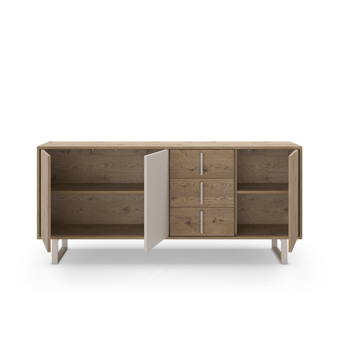 Millay Sideboard, Three Door, Three Drawer - Light Oak and Taupe Finish