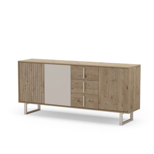 Wooden sideboard with metal legs on a white background