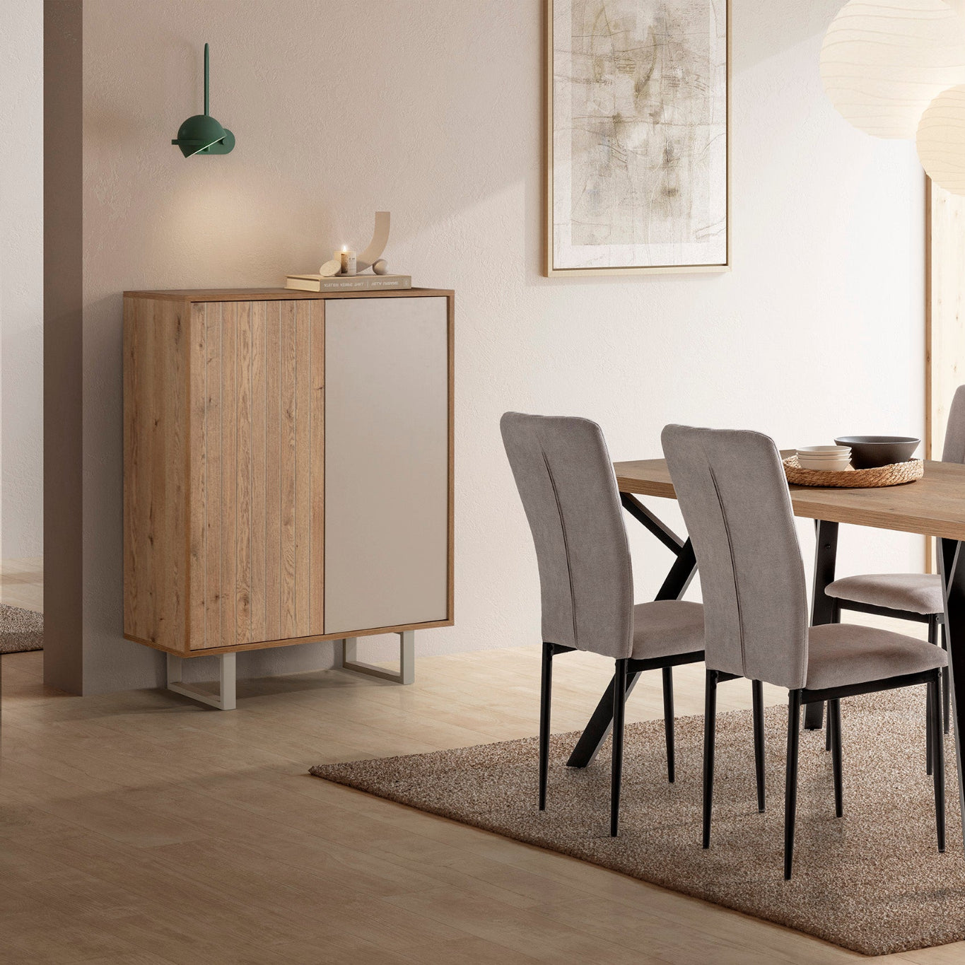 Millay High Sideboard, Two Doors - Light Oak and Taupe Finish