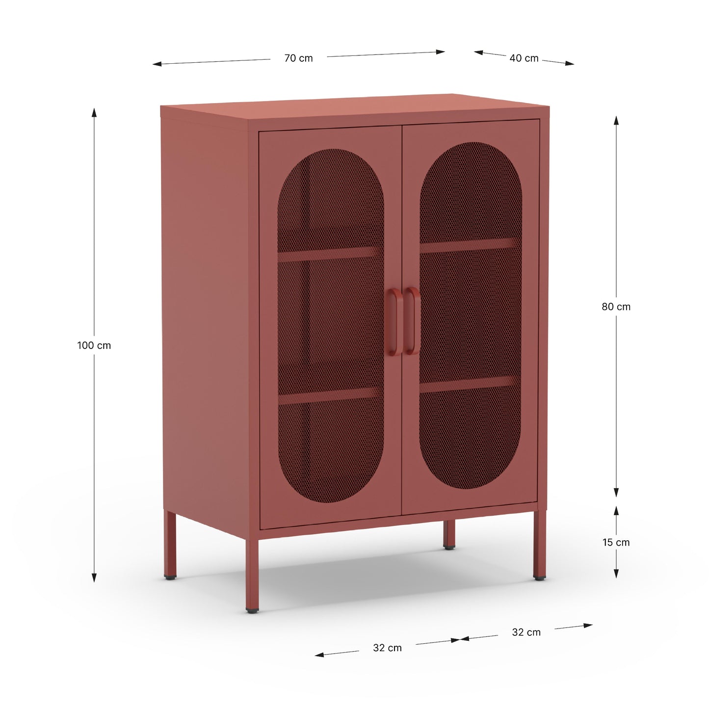 A reddish-brown metal cabinet with two arched mesh doors and dimension callouts showing 70 cm width, 100 cm height, 80 cm upper height, 15 cm lower height, and 32 cm depth on a white background.