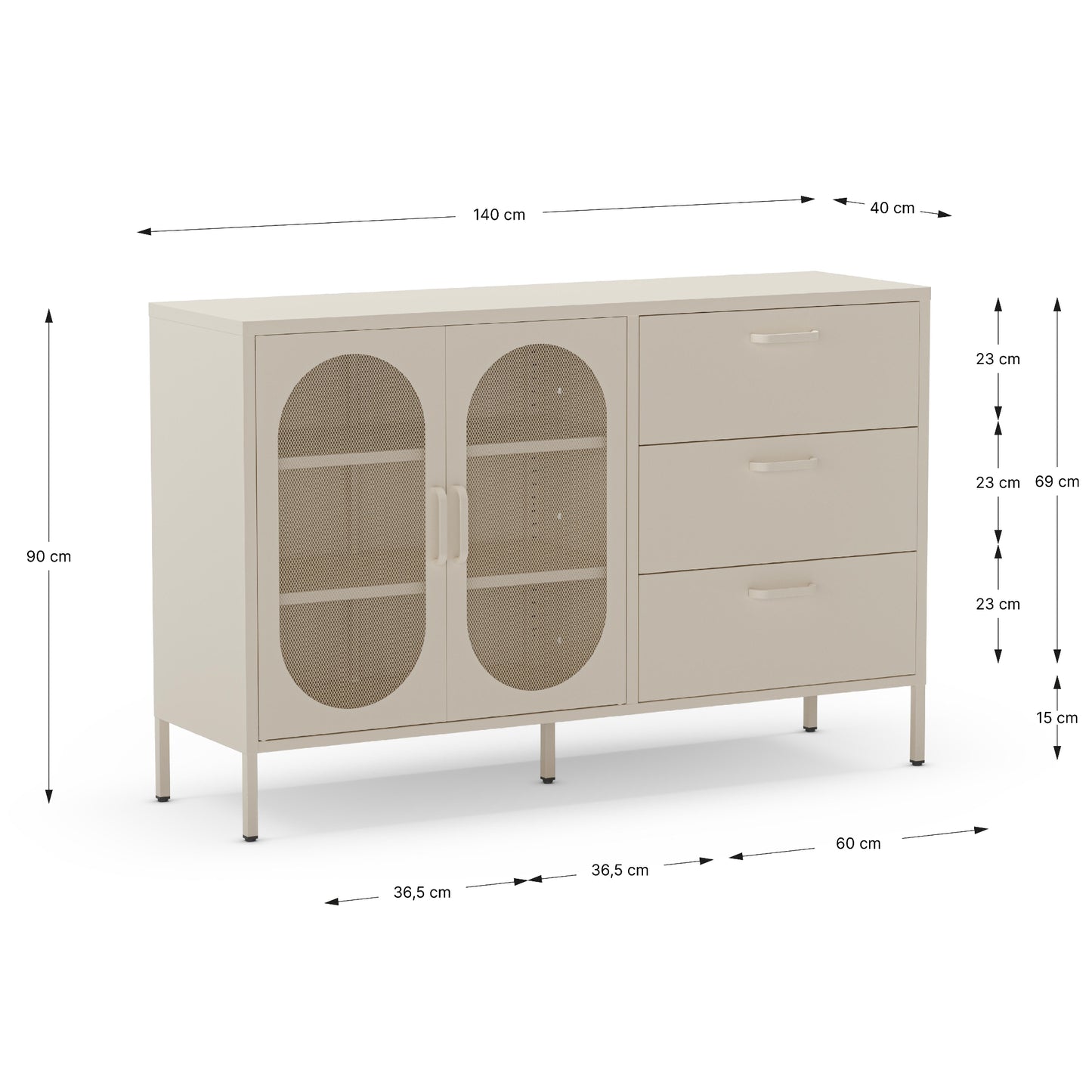 A beige metal sideboard cabinet with two oval glass doors and three drawers, shown with dimension lines and labels indicating measurements of 140 cm width, 90 cm height, 60 cm depth, and 60 cm drawer width.