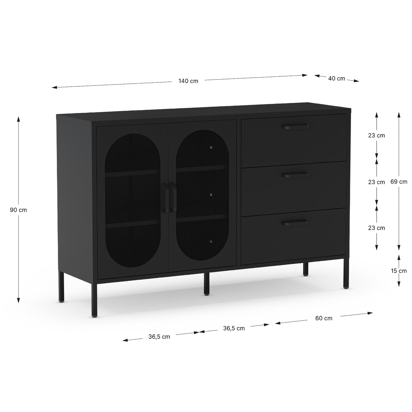 Black sideboard cabinet with two oval glass-front doors and three drawers, shown with dimension callouts on a white background.