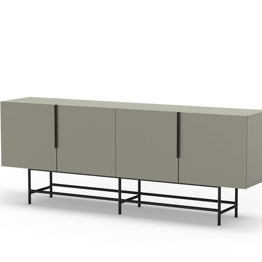 Modern sideboard with two doors and a black metal frame on a white background
