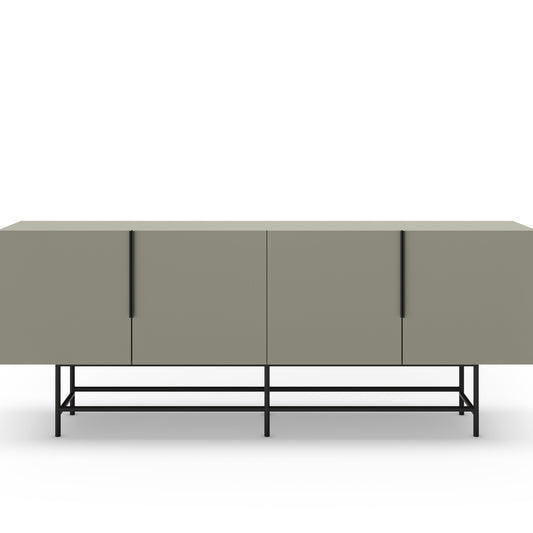 Modern sideboard with four doors and a black metal base on a white background