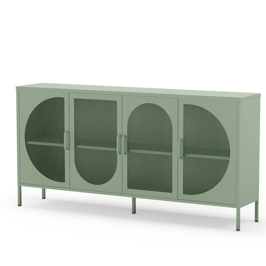 A sage green sideboard cabinet with four arched glass doors and open shelves, supported by slim legs, shown on a white background.