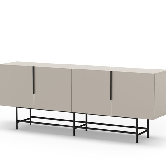 Beige sideboard with black metal legs on a white background