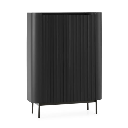 Black cabinet with ribbed design on a white background