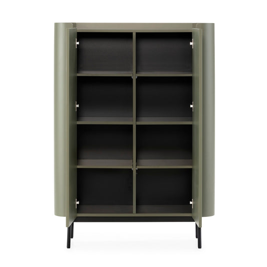 Green cabinet with open doors on a white background