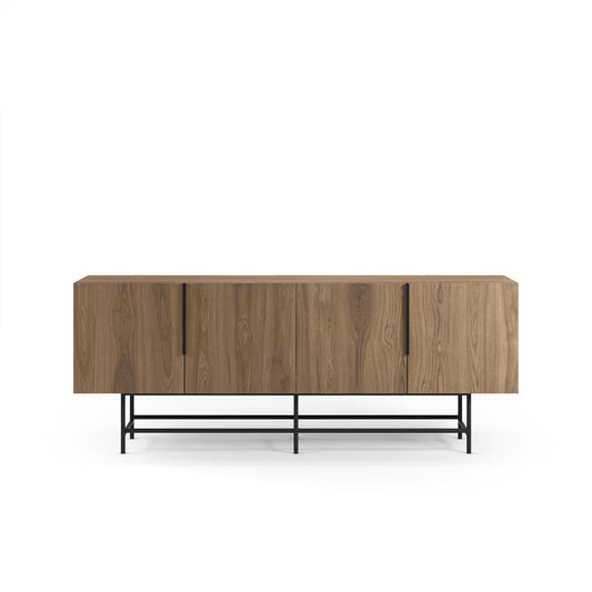 Wooden sideboard with black metal legs on a white background