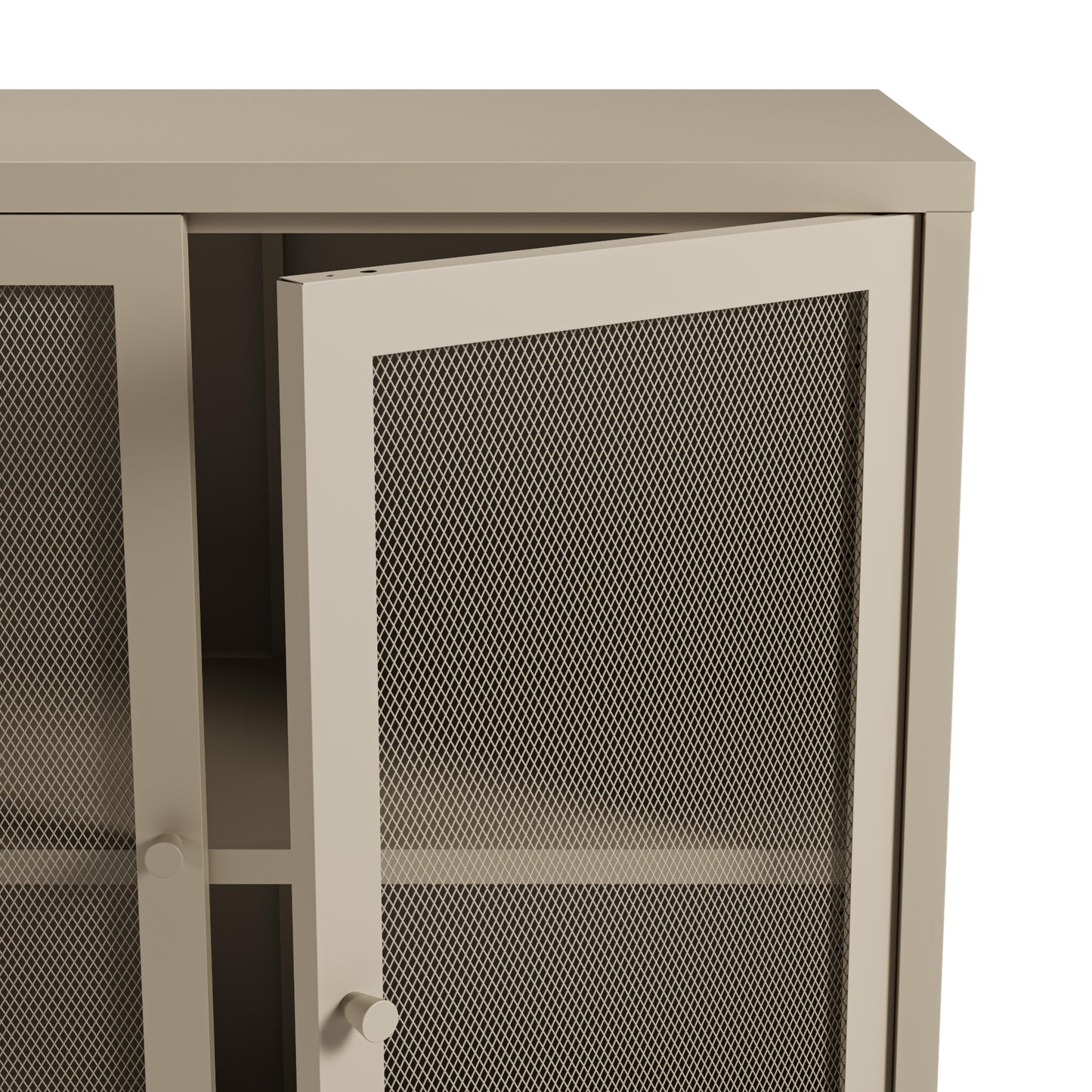 Close-up of a metal storage cabinet with two mesh-front doors in a warm taupe-beige finish, one door slightly open to reveal an interior shelf.
