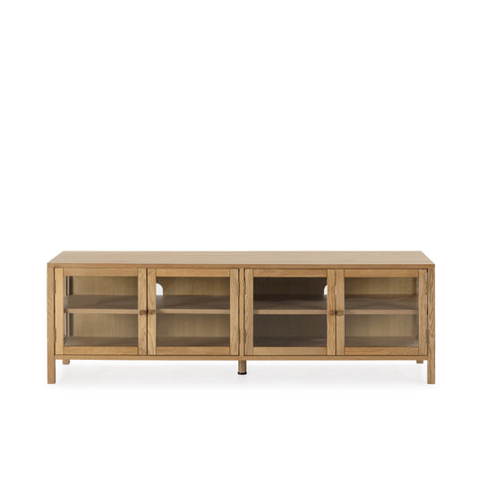 Wooden entertainment console with glass doors on a white background