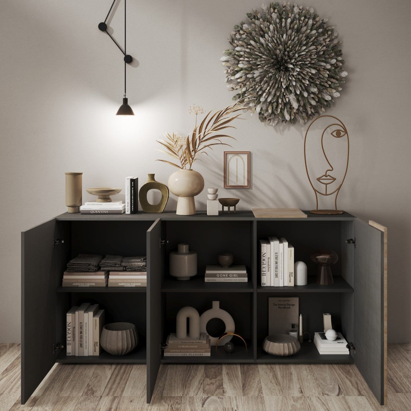 Vinovo Sideboard, Three Doors - Dark Brown and Light Oak Finish