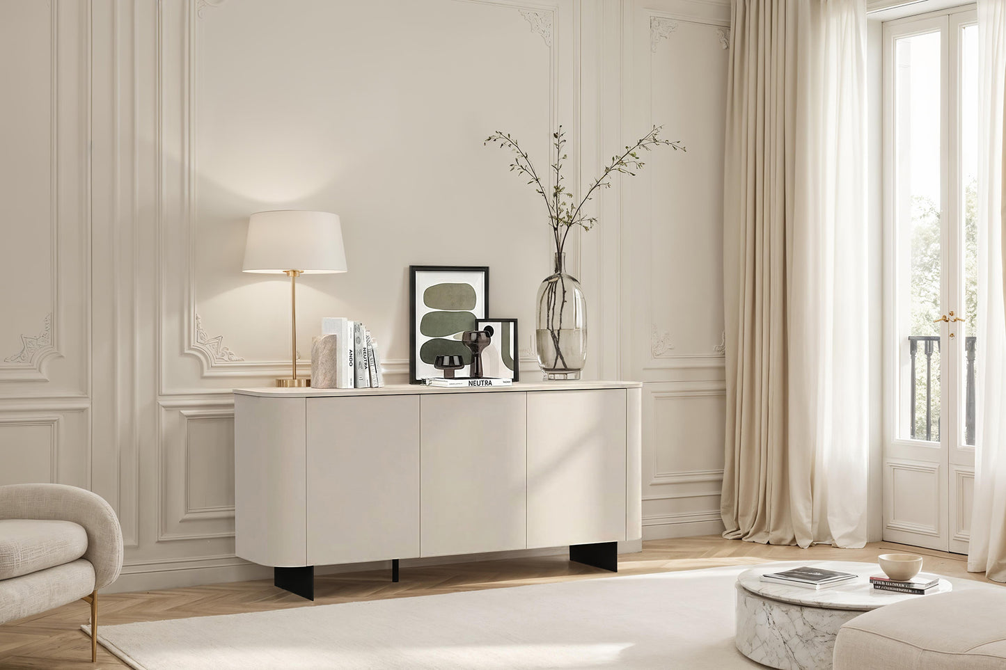 White Glass Top & Cashmere Taupe Three Door Sideboard - Ortega Collection
