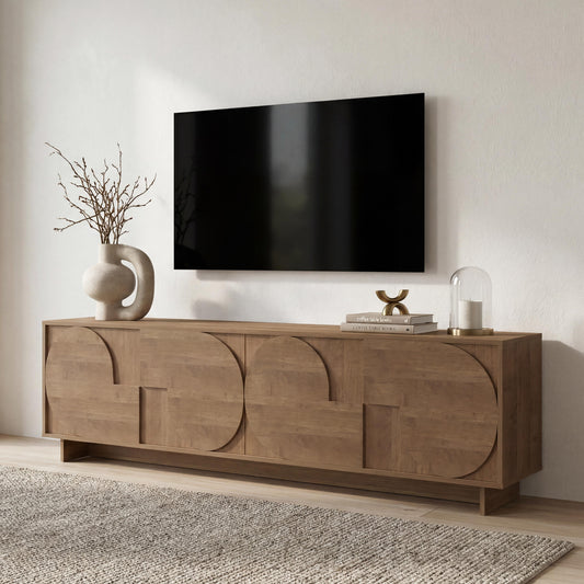 Wooden sideboard with abstract design in a modern living room.