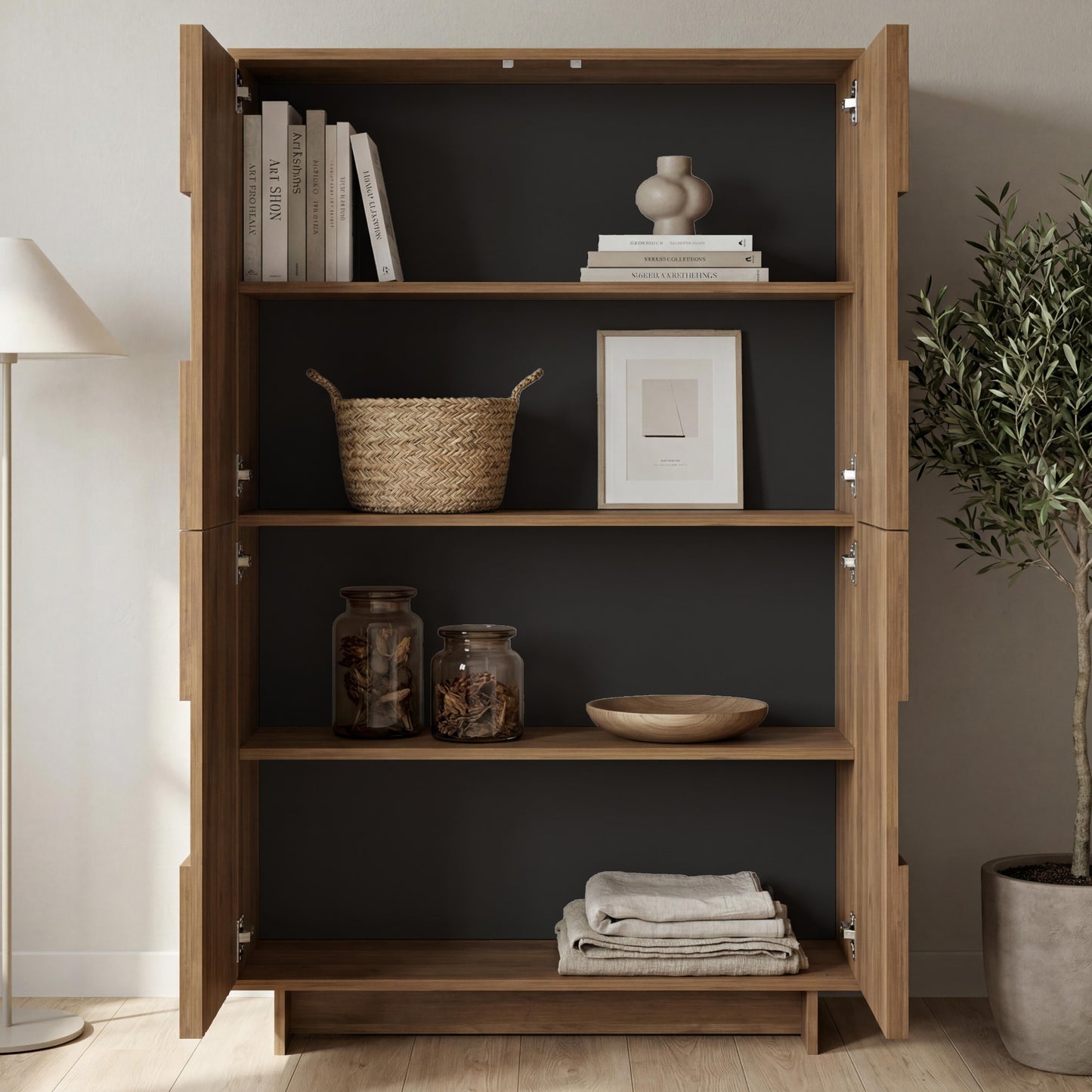 Wooden bookshelf with decorative items in a room setting