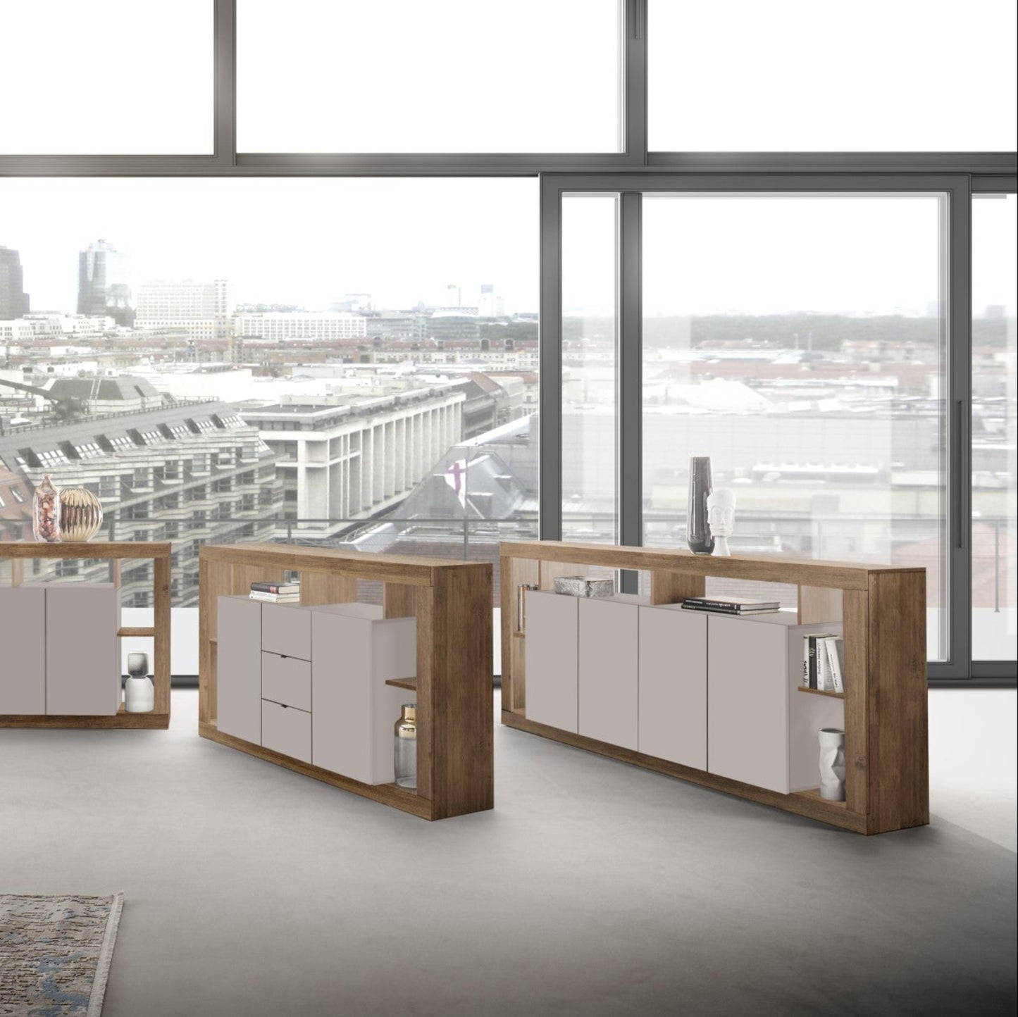 Rolo Sideboard, Four Doors - Cashmere Taupe and Mercure Oak Finish