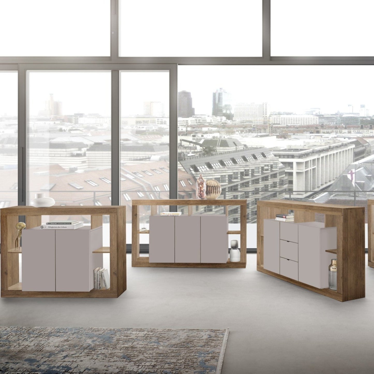 Rolo Sideboard, Three Door - Cashmere Taupe and Mercure Oak Finish