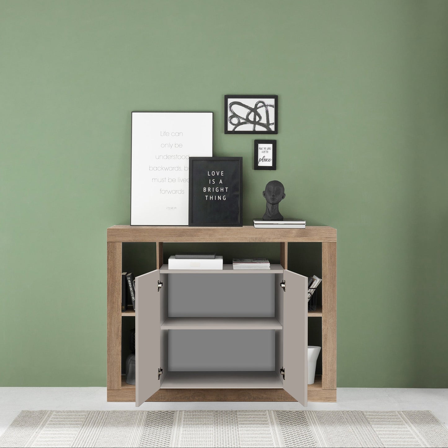 Rolo Sideboard, Two Door - Cashmere Taupe and Mercure Oak Finish