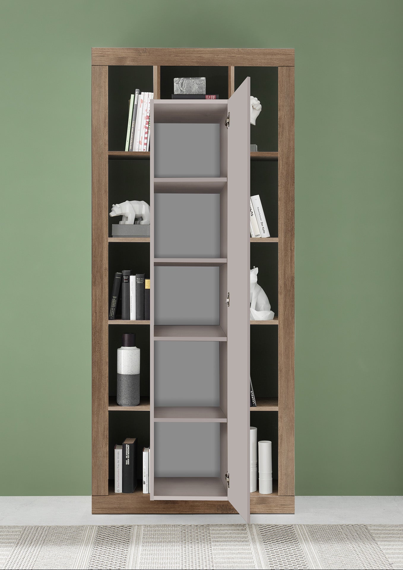 Rolo Bookcase and Storage, One Door - Cashmere Taupe and Mercure Oak Finish