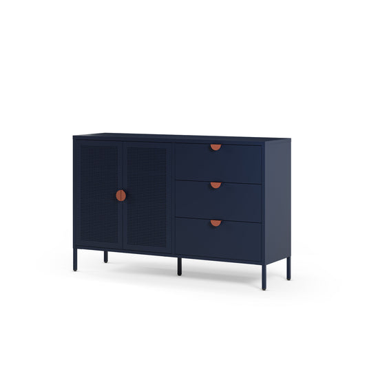 A navy blue sideboard cabinet with three drawers on the right and two doors on the left, featuring small round copper-colored handles and legs, shown on a white background.
