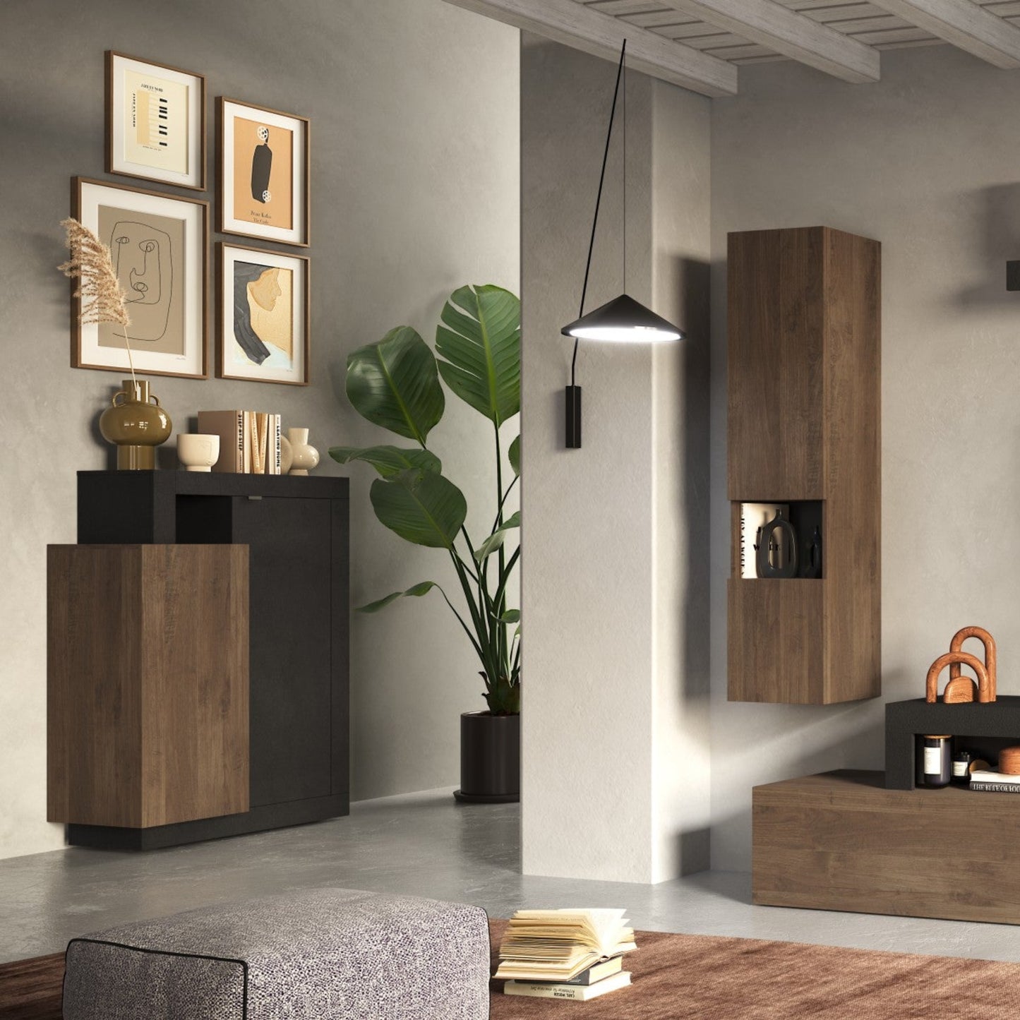 Forenza High Sideboard, Two Doors - Brown Lava and Dark Oak Finish