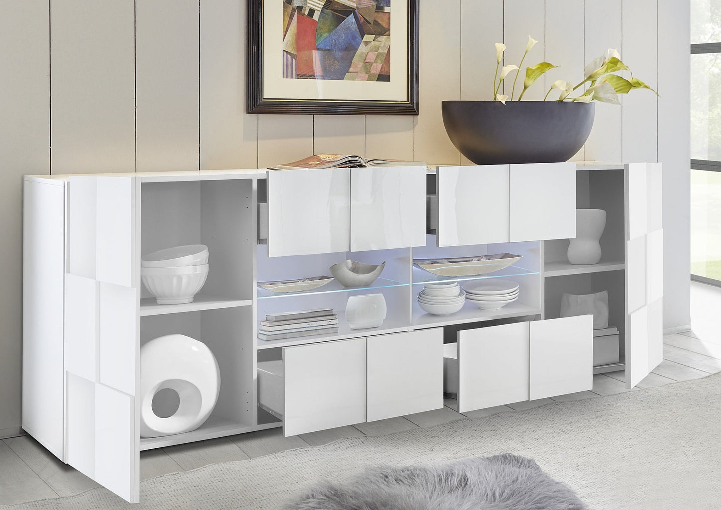 Dama Sideboard, Two Doors Four Drawers - Gloss White Finish