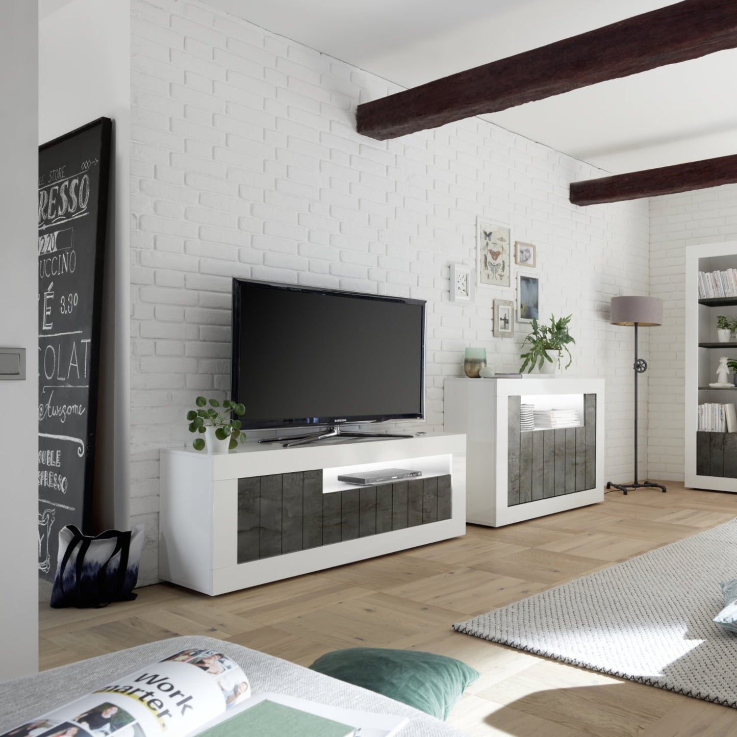 Como TV Stand, Three Doors, AV Storage - Gloss White and Anthracite Finish