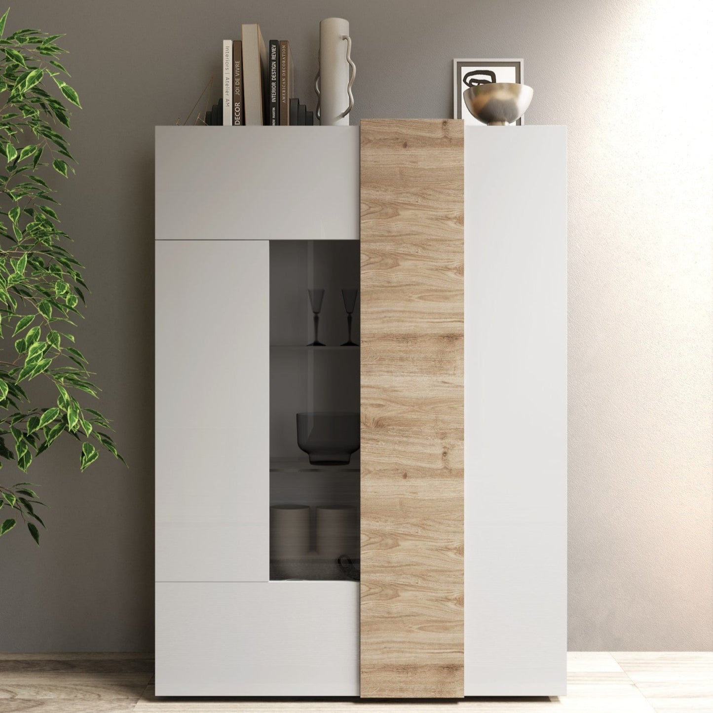 Vinovo Display Cabinet, Two Doors - White Gloss and Light Oak Finish