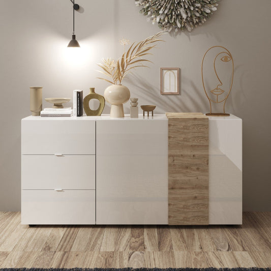 Modern interior design with a sideboard, decorative items, and wall art.