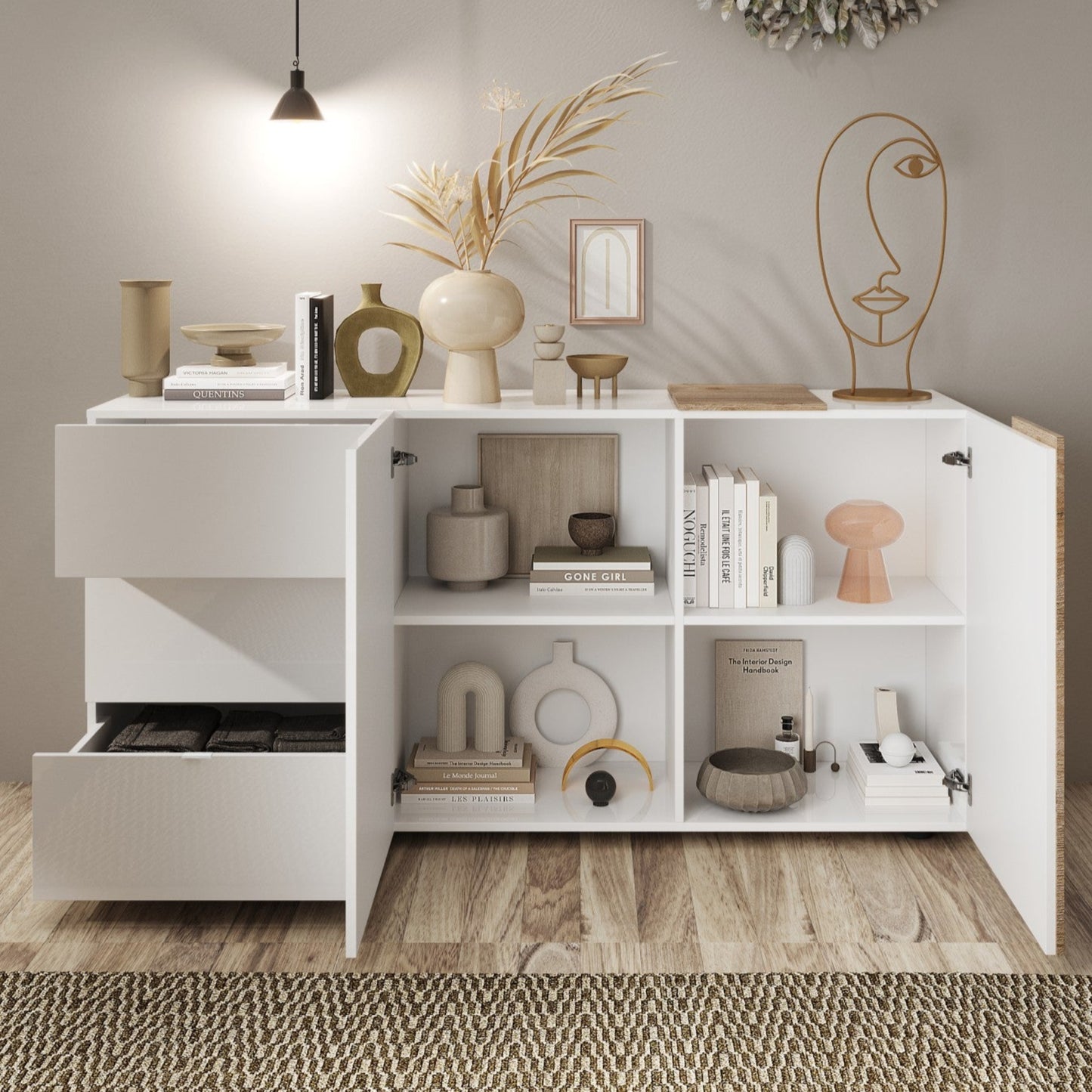 Vinovo Sideboard, Two Doors, Three Drawers - Gloss White and Light Oak Finish