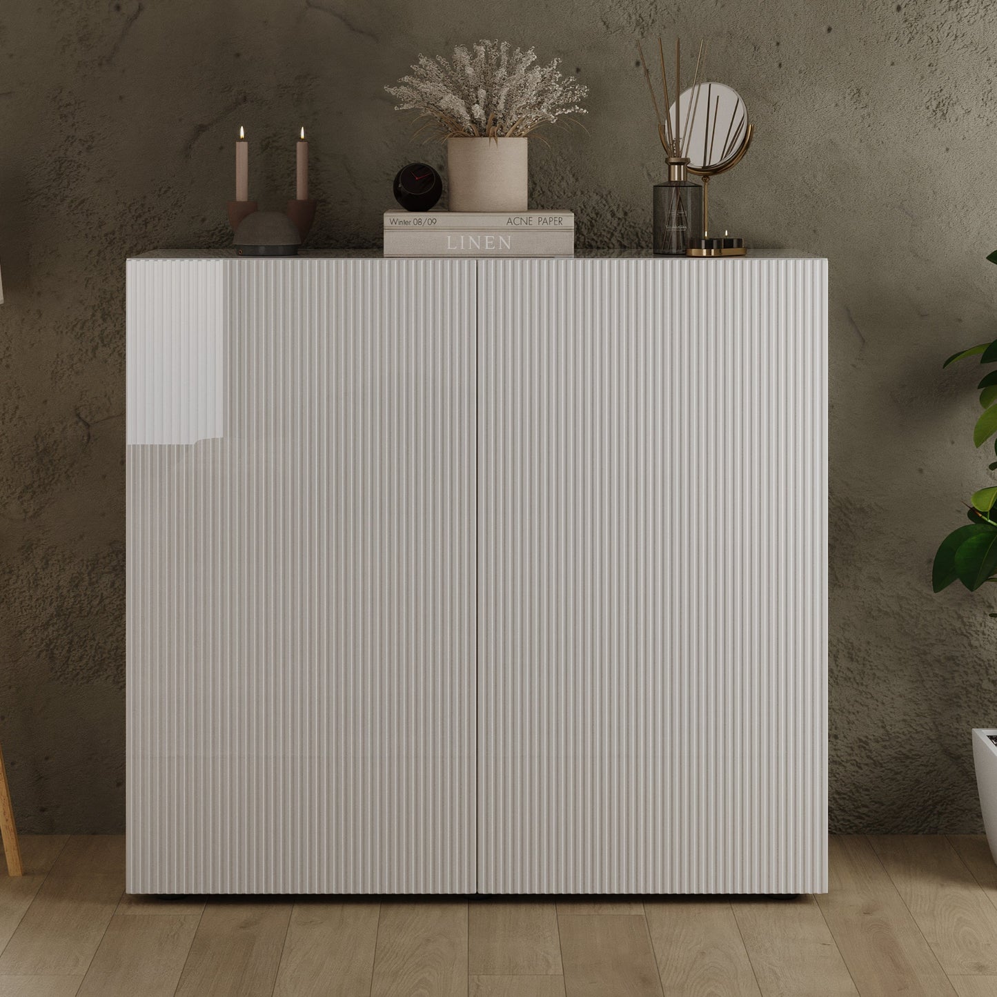 Raveena High Sideboard, Two Door - Gloss White Finish