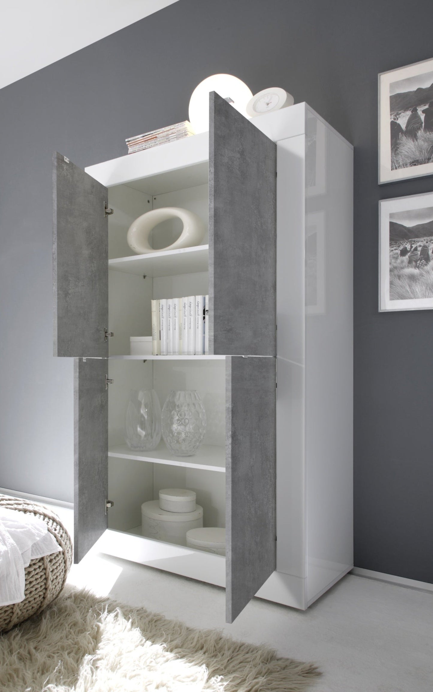 Urbino High Sideboard, Four Doors - Gloss White and Grey Finish