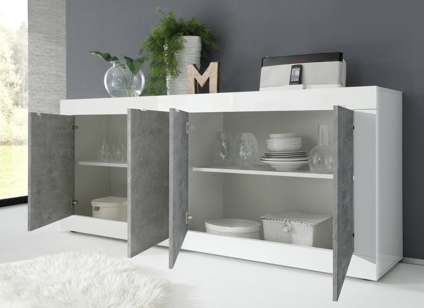 Urbino Sideboard, Four Door - White Gloss and Grey Finish