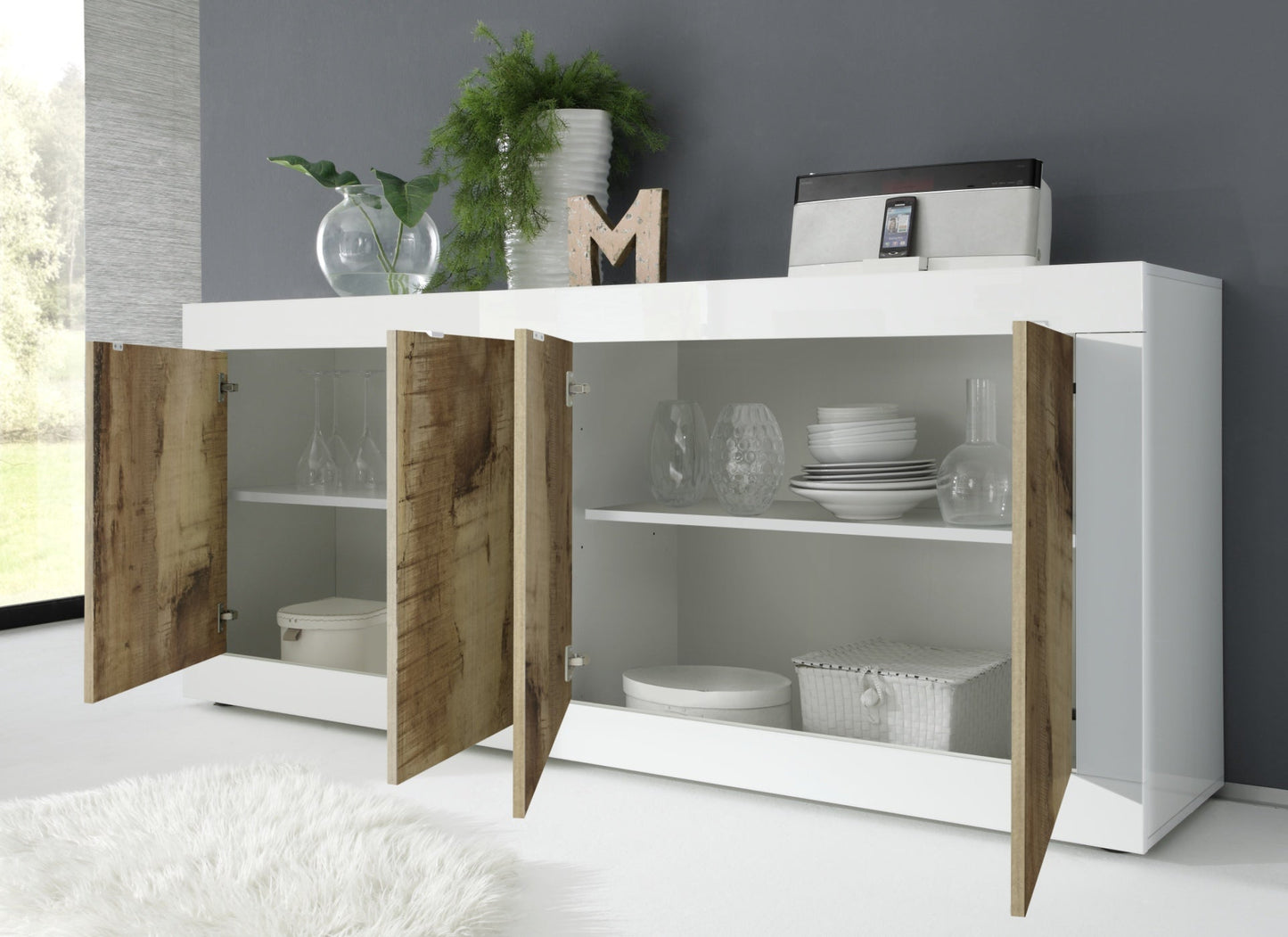 Urbino Sideboard, Four Door - White Gloss and Natural Finish