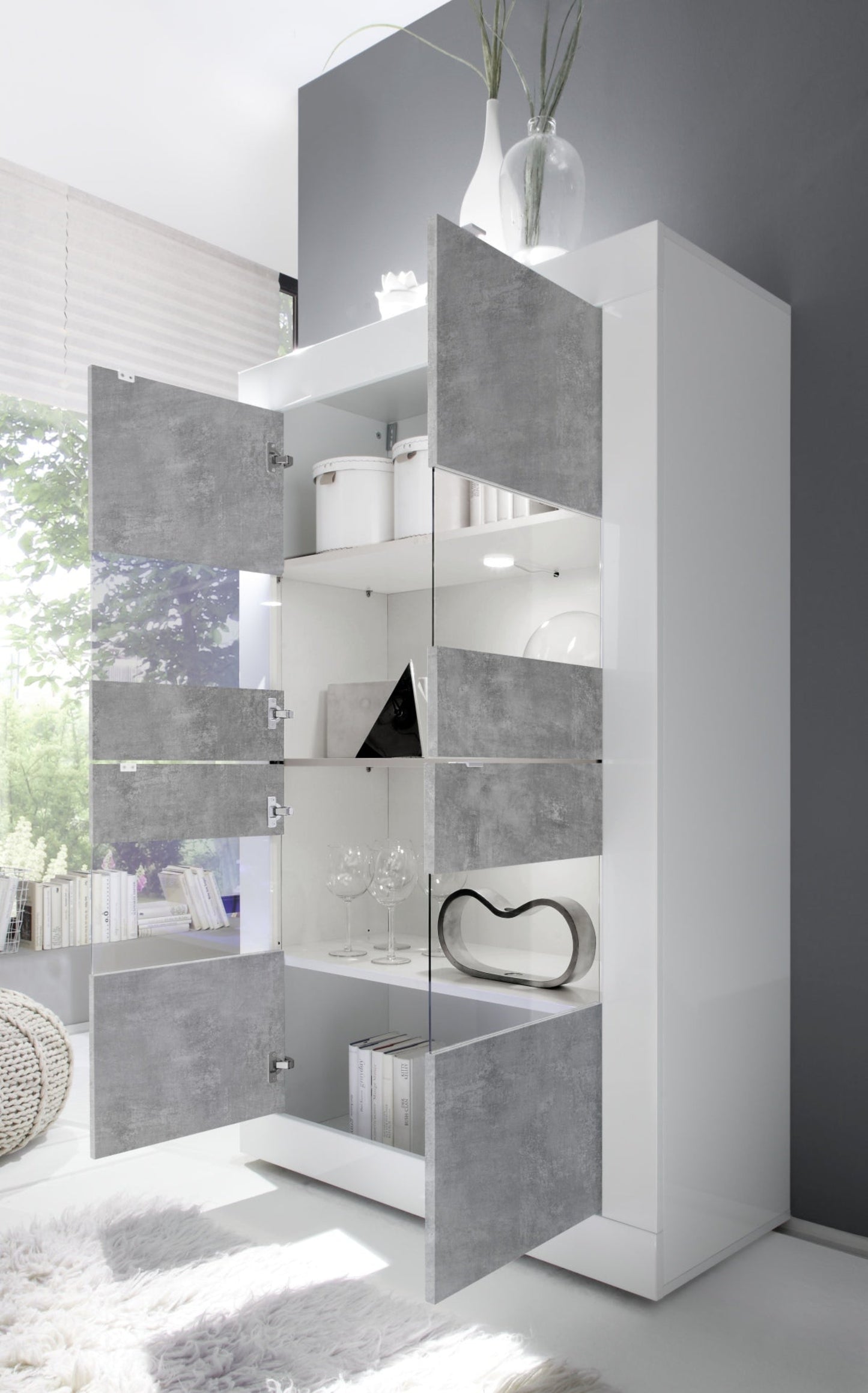 Urbino Display Cabinet, Four Glass Doors - Gloss White and Grey Finish
