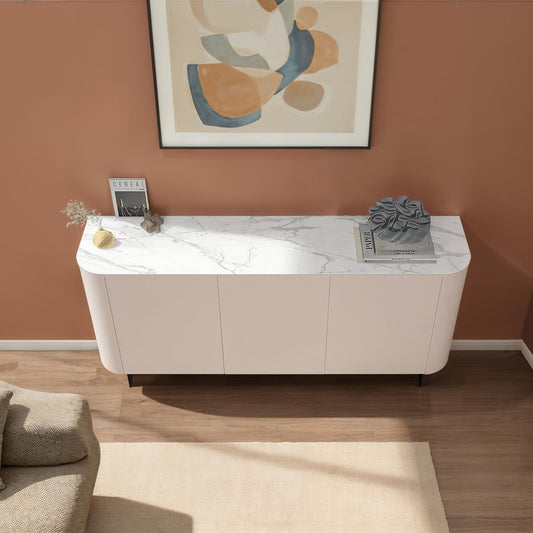 Modern sideboard with a white marble top against a brown wall, featuring a framed abstract art piece.