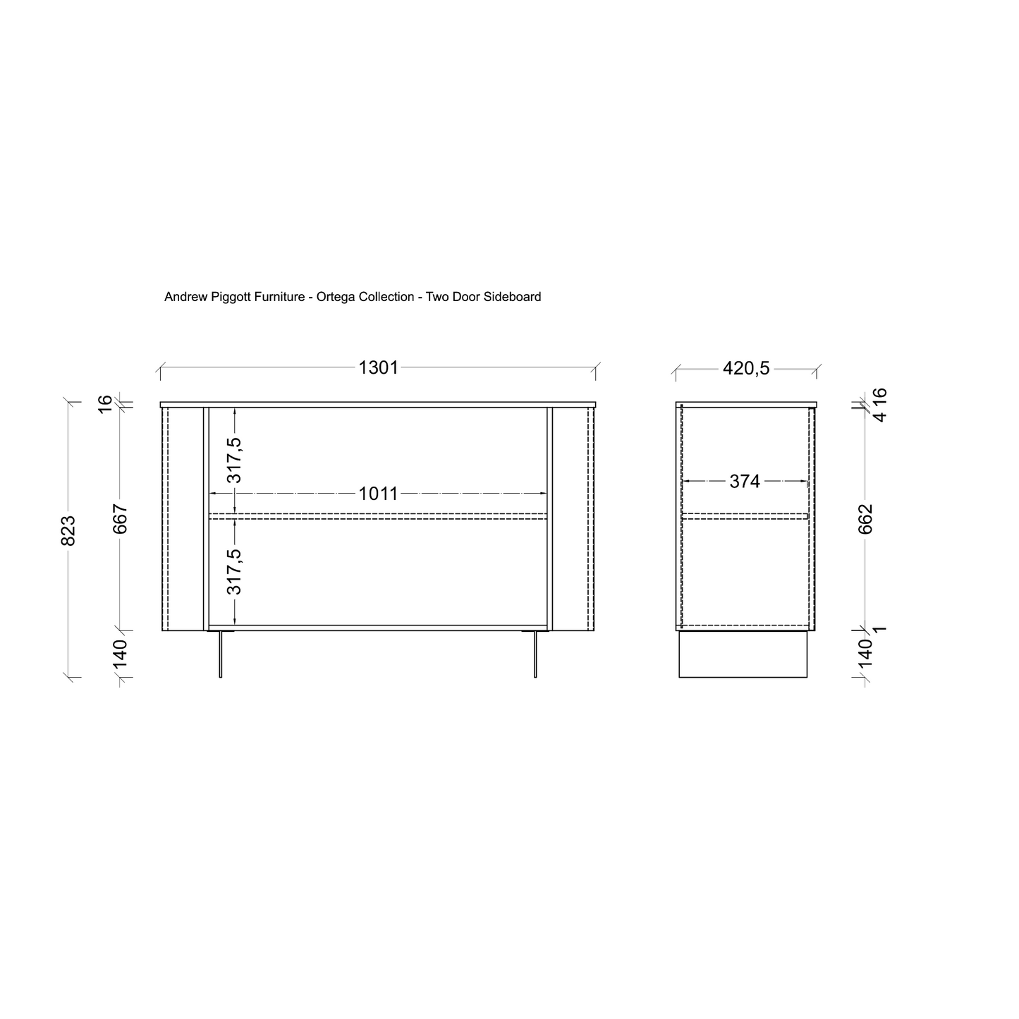 A black-and-white technical dimension drawing of a two-door sideboard cabinet, labeled as part of the Andrew Piggott Furniture - Omega Collection. The diagram shows front and side profile measurements with dimension lines and numeric values on a plain white background.