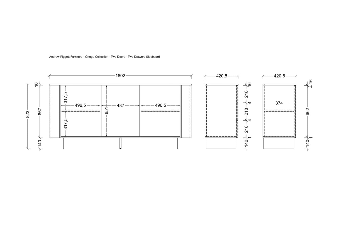 A technical dimension drawing of an Andrew Piggott Furniture Omega Collection two-drawer sideboard, showing front, side, and back profile measurements with line diagrams on a white background.