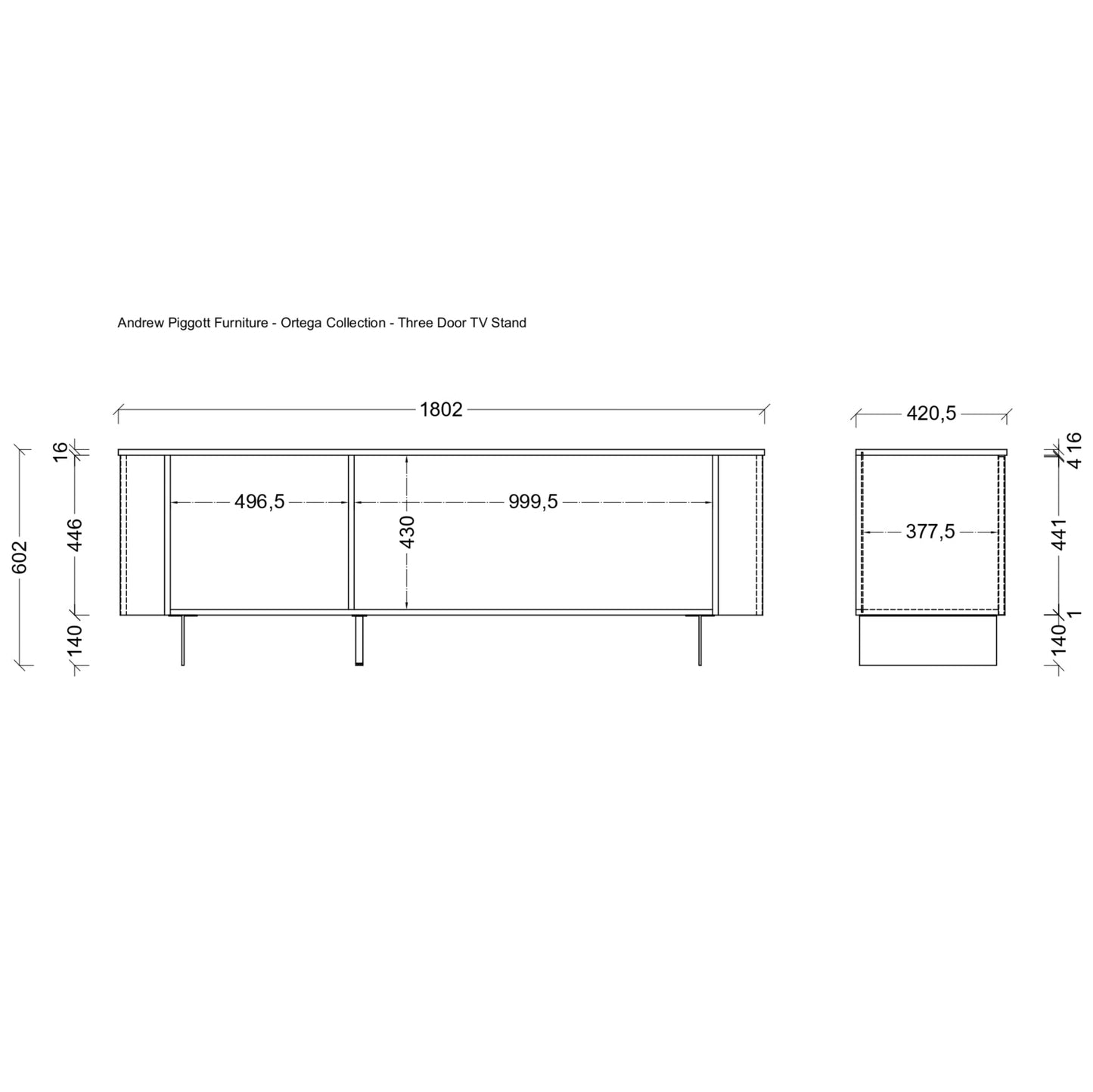 A black and white technical line drawing showing dimensions of an Anderson Plagnt Furniture three door TV stand, including front and side profile measurements.