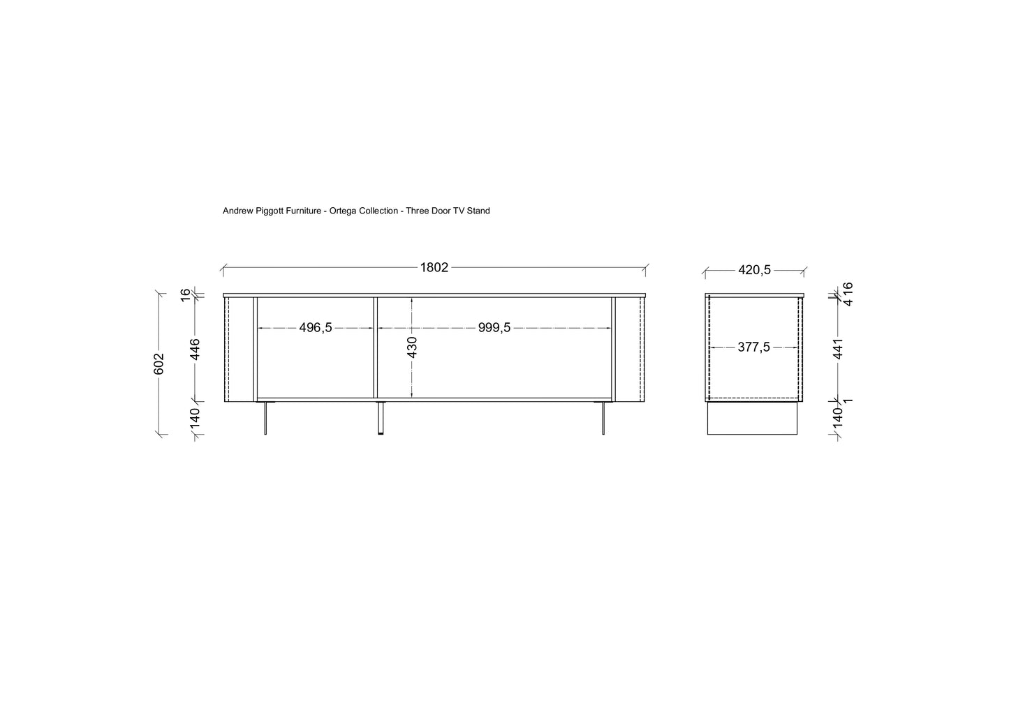 A black and white technical line drawing showing dimensions of an Anderson Plagnt Furniture three door TV stand, including front and side profile measurements.